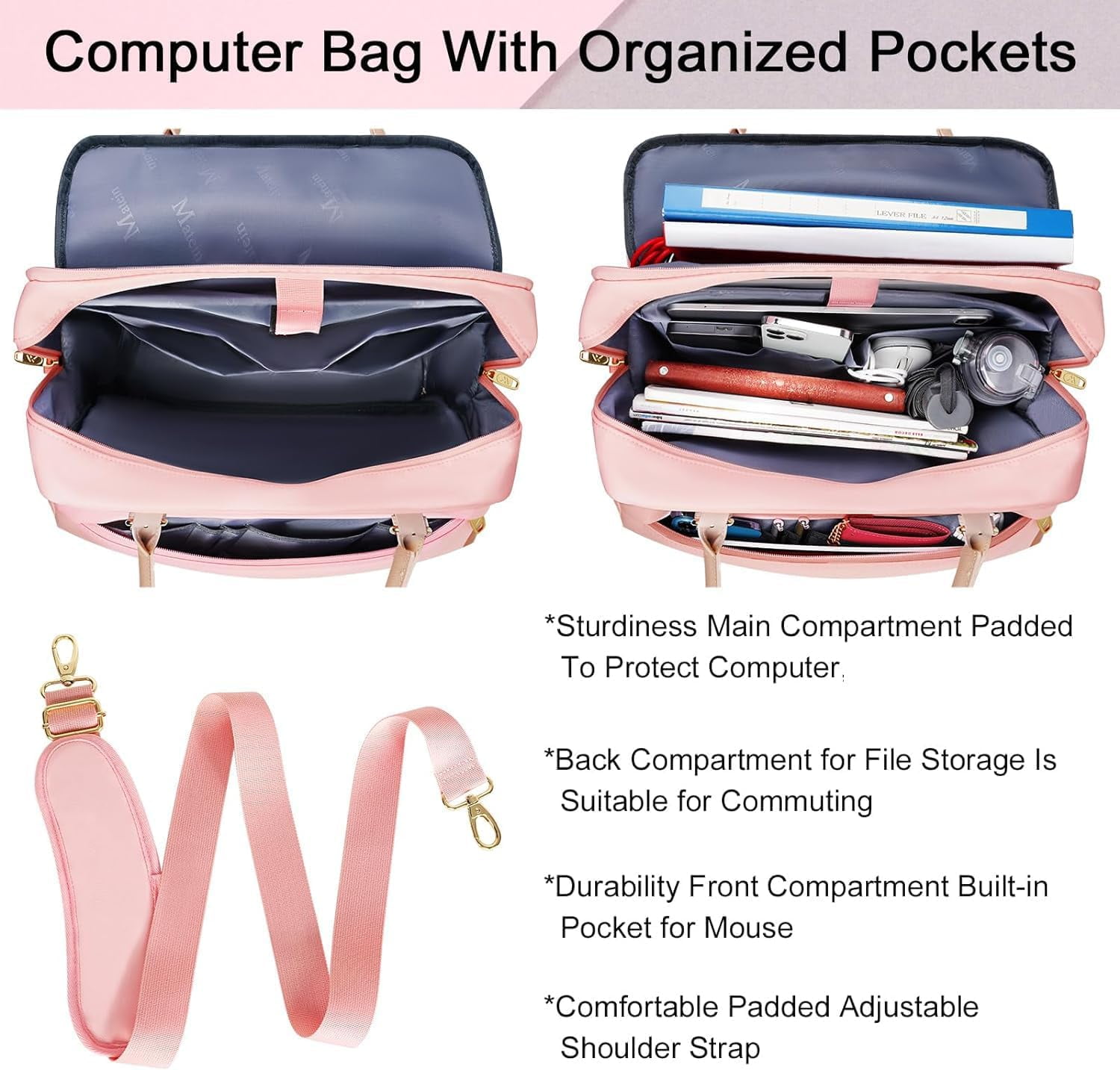 Matein Laptop Computer Bag for Women, 15.6in Waterproof Messenger Bag with Adjustable Shoulder Strap for Work Travel College, Pink