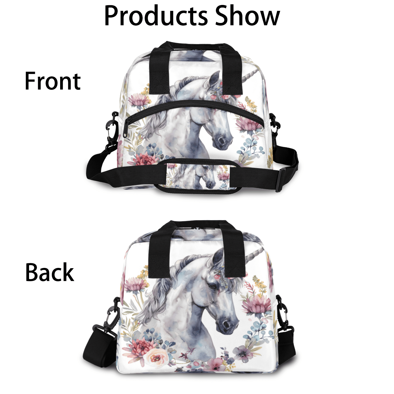Herdesigns Floral Unicorn Horse Insulated Lunch Bag for Women Men Adults Large Reusable Lunch Box Leakproof Portable Cooler Tote Bags with Adjustable Shoulder Strap