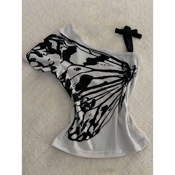 Sexy Off shoulder Summer T shirt Women Korean Harajuku Aesthetic Print Short sleeve Body Tops Female Tees Cotton Front Bow Tied