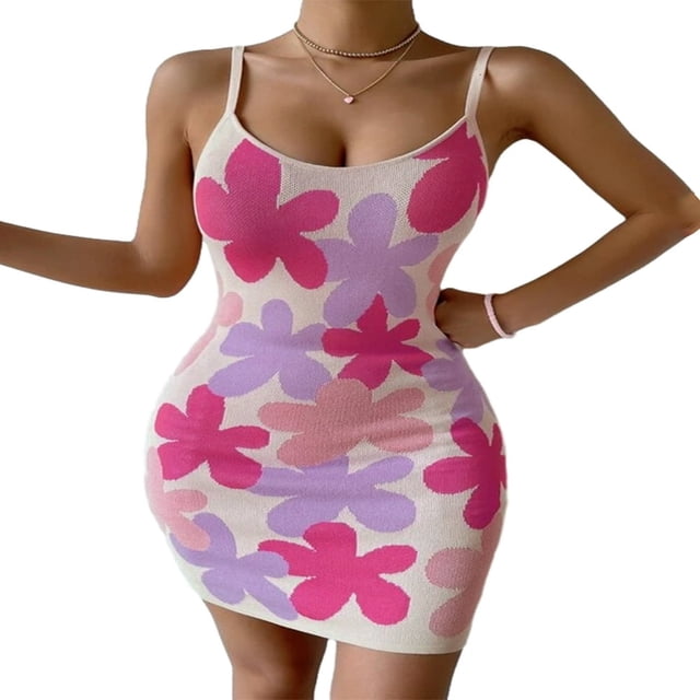 Robe Tricotée Sans Manches pour Femmes, Mini Robe Moulante à Fleurs pour Fête, Cocktail, Plage