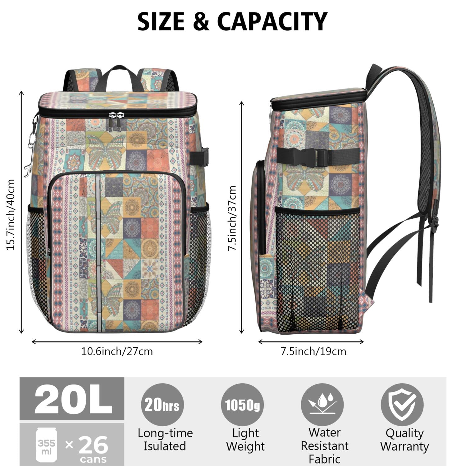Travel Cooler Bag - Boho Bohemia Flower Camping Beer Cooler Backpack with Bottle Opener- Waterproof Insulated Picnic Backpacks - Cooler Bag for Beach