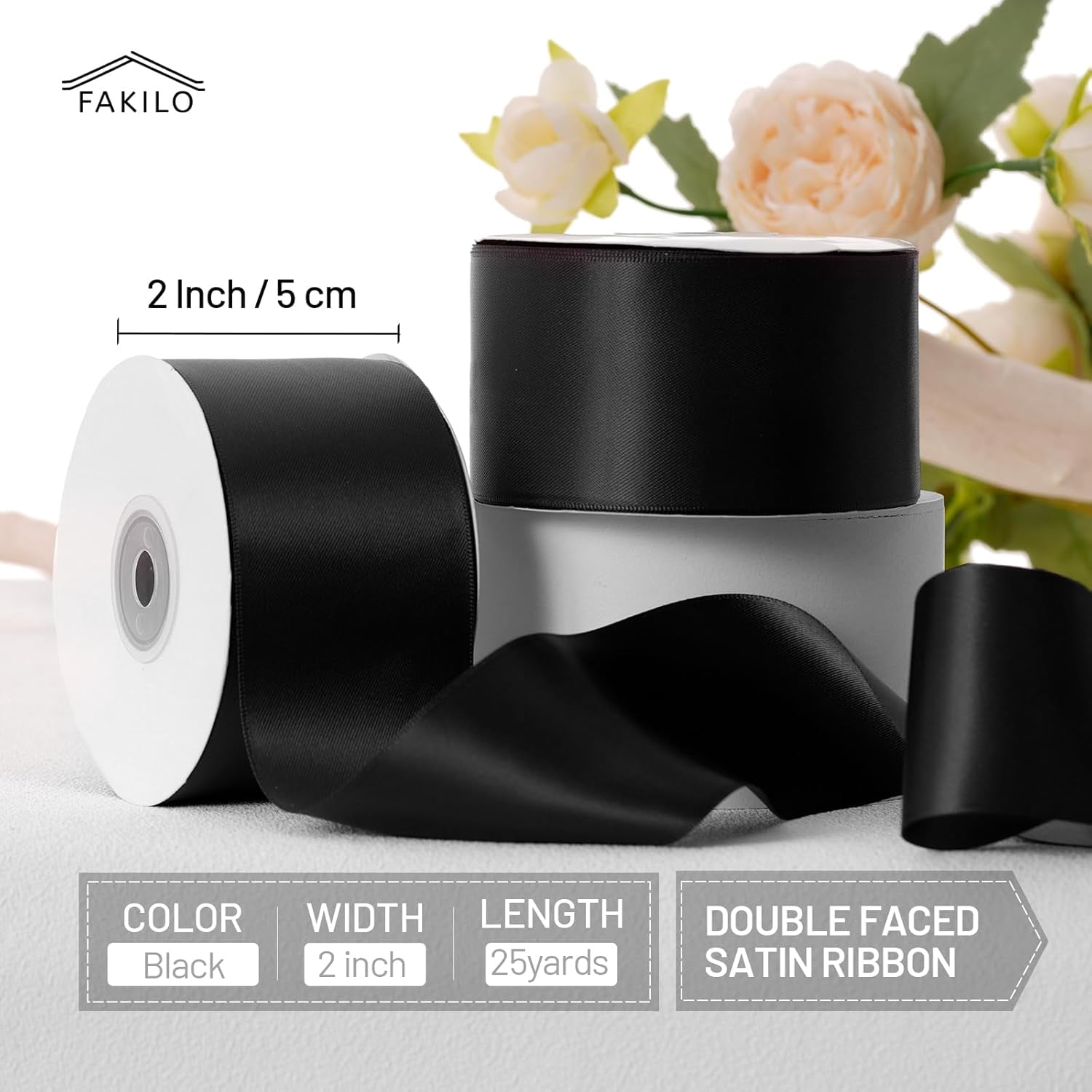 Black Satin Ribbon 2 Inch x 25 Yards Double Faced Thick Black Gift Ribbon for Gift Wrapping Bows Making Crafts Halloween Birthday Party Home Decor
