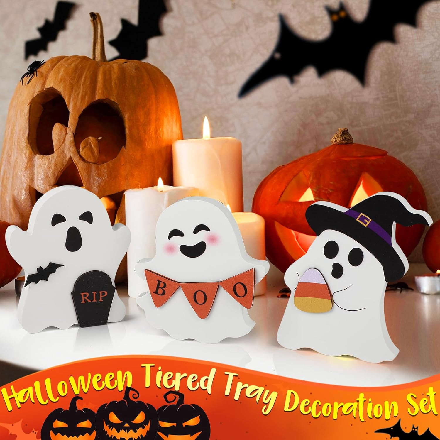 Set of 3 Wooden Ghost Tiered Tray Decorations Cute Halloween Table Decor