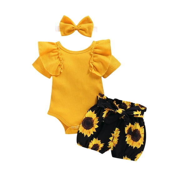 Hirigin Toddler Baby Girl Summer Clothes Set Short Sleeve Ruffled Bodysuit Romper Sunflower Shorts Headband Set