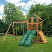 Gorilla Playsets Avalon Swing Set with Wood Roof, Dual Slides and Climbing Rock Wall, Amber