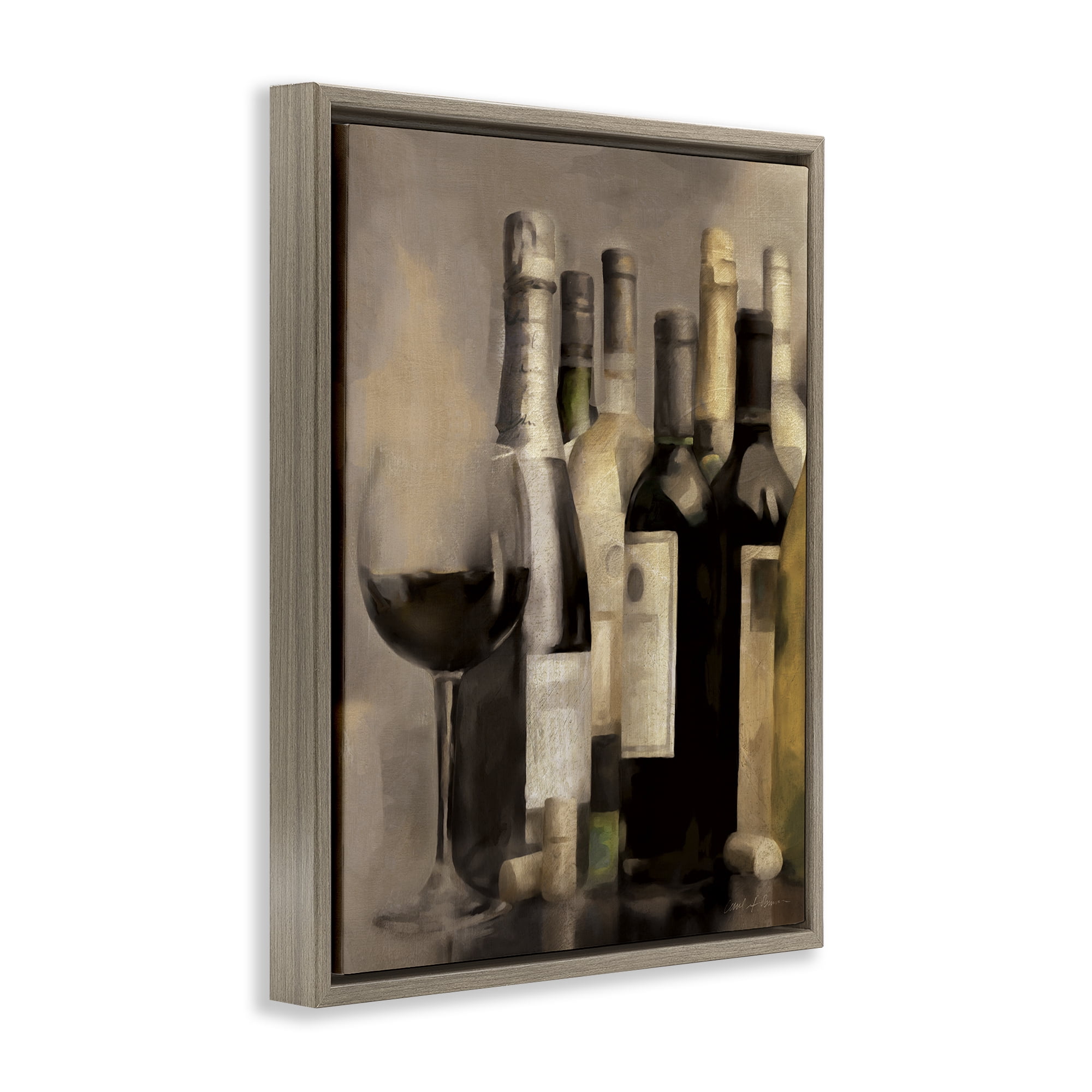 Stupell Industries Wine Glass with Bottles Food & Beverage Painting Brown Floater Framed Canvas Art Print Wall Art, 17 x 21