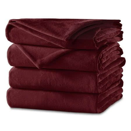 Sunbeam Heated Electric Channeled Velvet Plush Blanket, Twin, Garnet