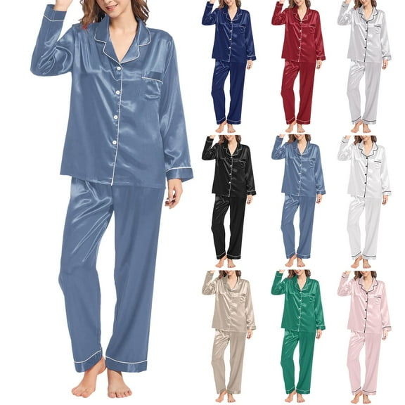 Silk Like Pajama Set Long Sleeve Two Piece Sleepwear Button Down Loungewear for Women