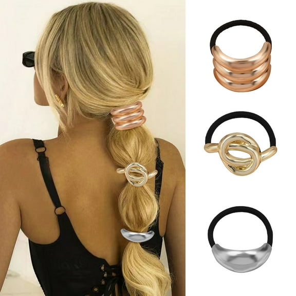 Women Hair Rope Metal Geometry Decor High Elastic Hair Tie Traceless Ponytail Holder Headwear Hair Accessories