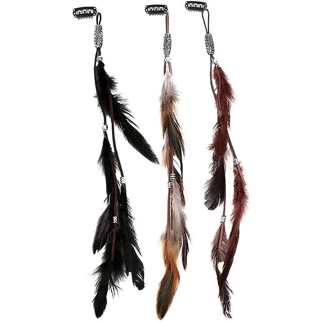 Pinzas para el pelo de plumas para mujer, extensiones de pelo bohemias hippie hechas a mano con peine de clip, horquilla para el pelo, accesorios de bricolaje, (3 piezas, retro) TUNC Sencillez