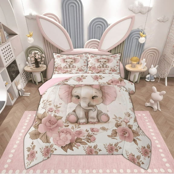 Feelyou Ribbon Elephant Bedding Comforter Set, Vintage Pink Floral Twin Comforter Sets, Kawaii Cartoon Bedding Set, Super Cozy Room Decor, 2pcs