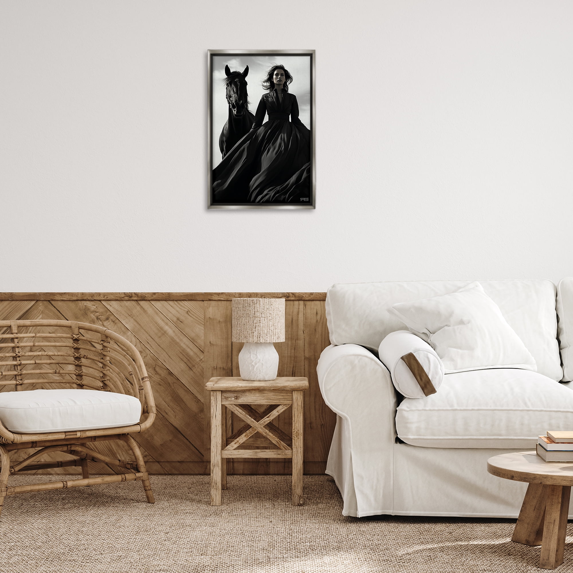 Stupell Industries Trendy Woman with Horse People Painting Gray Floater Framed Canvas Art Print Wall Art, 17 x 25