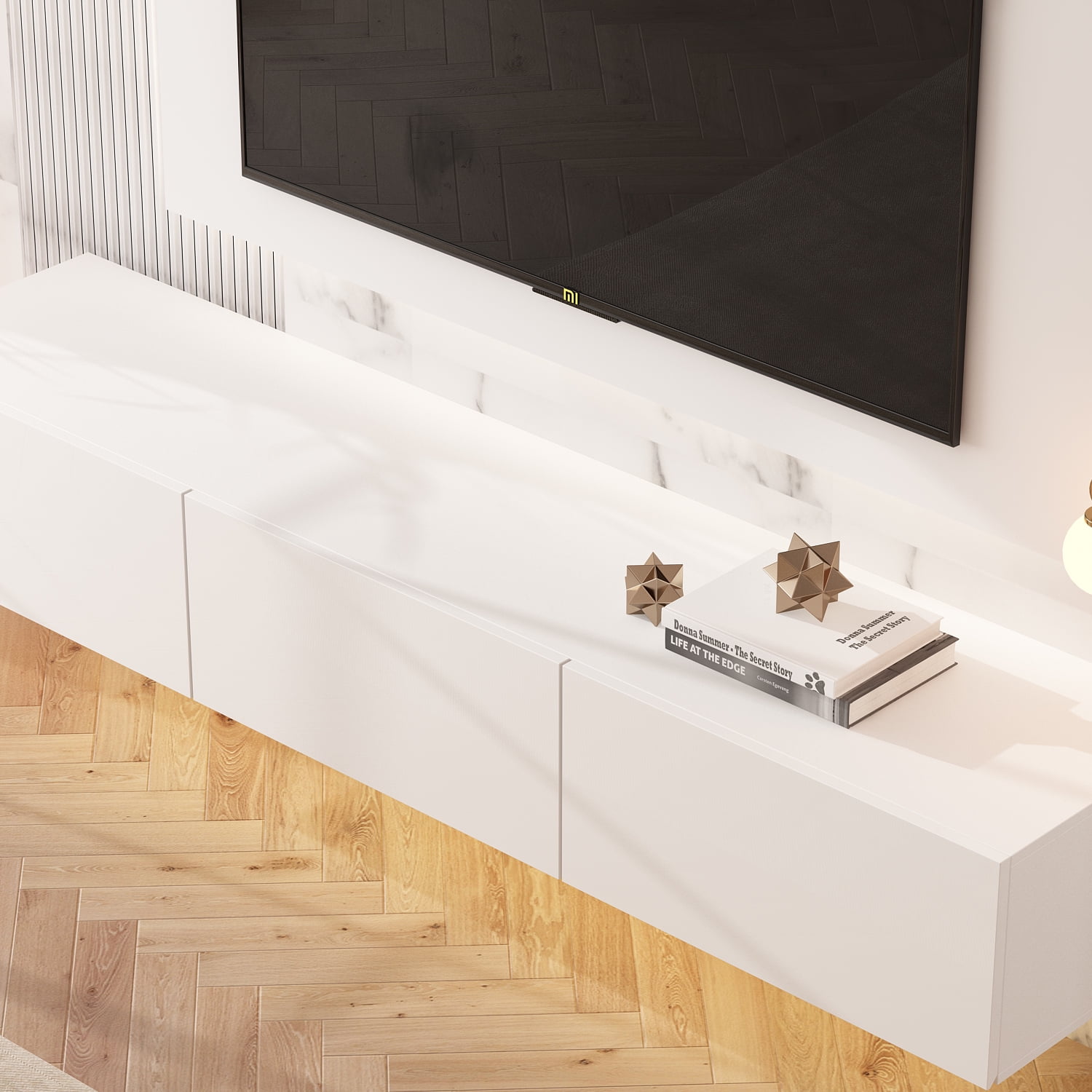 OXYLIFE Floating LED TV Stand with Drawers, Wall Mounted Entertainment Center with Storage and LED Light, White
