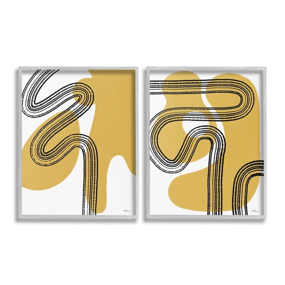 Stupell Industries Wavy Lines Over Shapes Abstract Painting Gray Framed Art Print Wall Art, 24 x 30, Set of 2