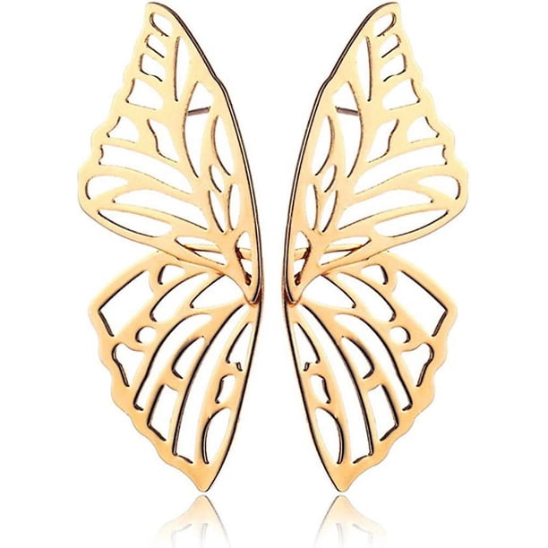 Pendientes colgantes con forma de mariposa grande y huecos a la moda, pendientes de tuerca con personalidad de alas de mariposa exageradas doradas para mujeres y niñas, dorado -