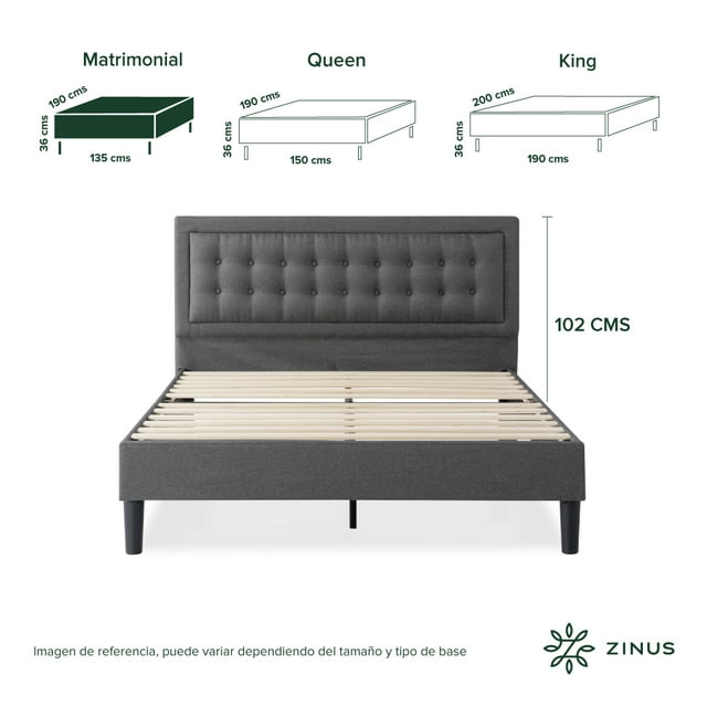 Base de Cama con Cabecera Matrimonial Zinus Dachelle Tapizada Con Botones Gris Oscuro. Fácil Armado, para Todas las Edades.