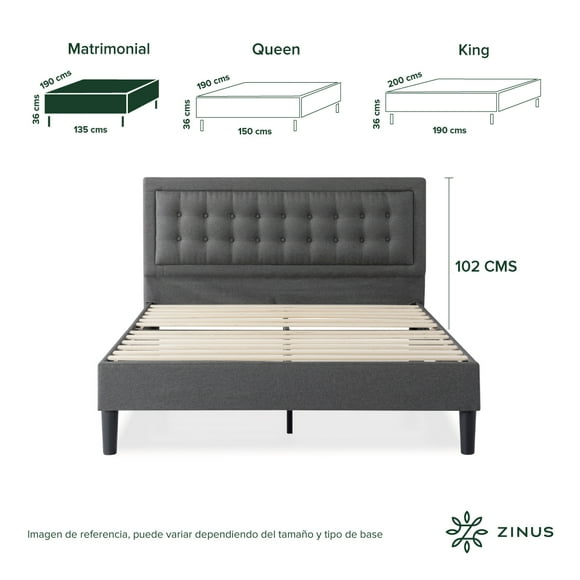 Base de Cama con Cabecera Matrimonial Zinus Dachelle Tapizada Con Botones Gris Oscuro. Fácil Armado, para Todas las Edades.