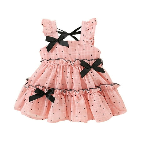 

Toddler Baby Girls Summer Princess Dresses Sleeveless Bow Front Dots Print Tiered Party Dresses