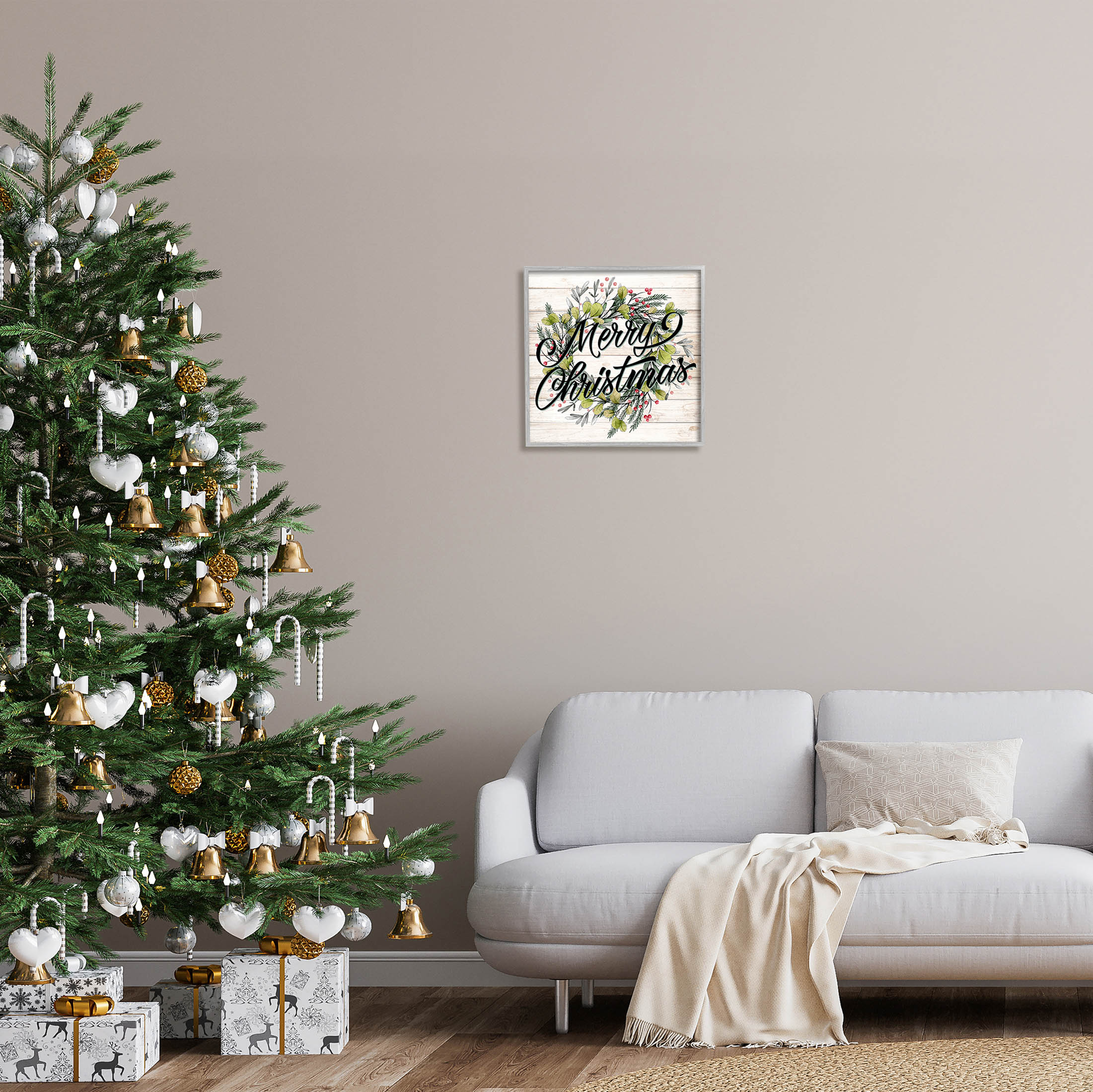 Stupell Industries Merry Christmas Botanical Wreath Graphic Art Gray Framed Art Print Wall Art, Design by Kim Allen