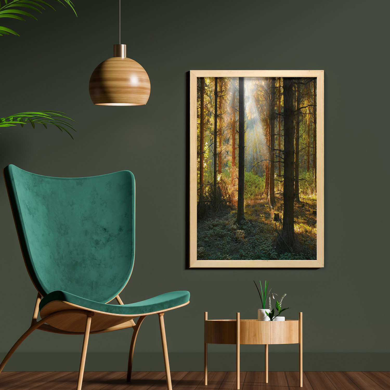 Forest Wall Art with Frame, Sunset View of Dark Pine Woodland in Autumn Foggy Scene Sunbeams Trunks Shadow, Printed Fabric Poster for Bathroom Living Room, 23" x 35", Orange Green, by Ambesonne - image 2 of 2