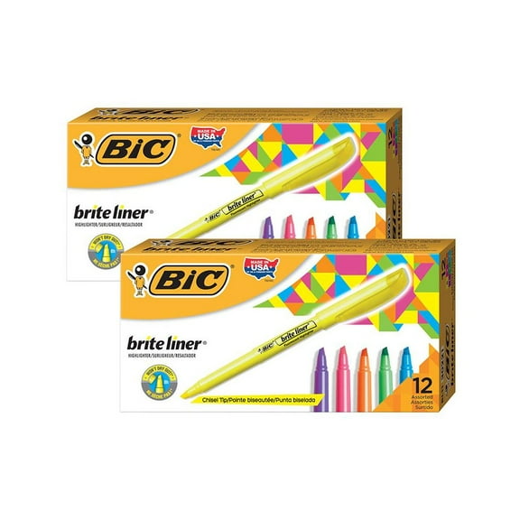 BIC Brite Liner Highlighters, Chisel Tip, Assorted Colors, 12 Count, 2-Pack (BICBL11AST-2)