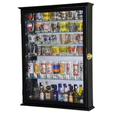 Large Mirror Backed and 7 Glass Shelves Shot Glasses Display Case Cabinet