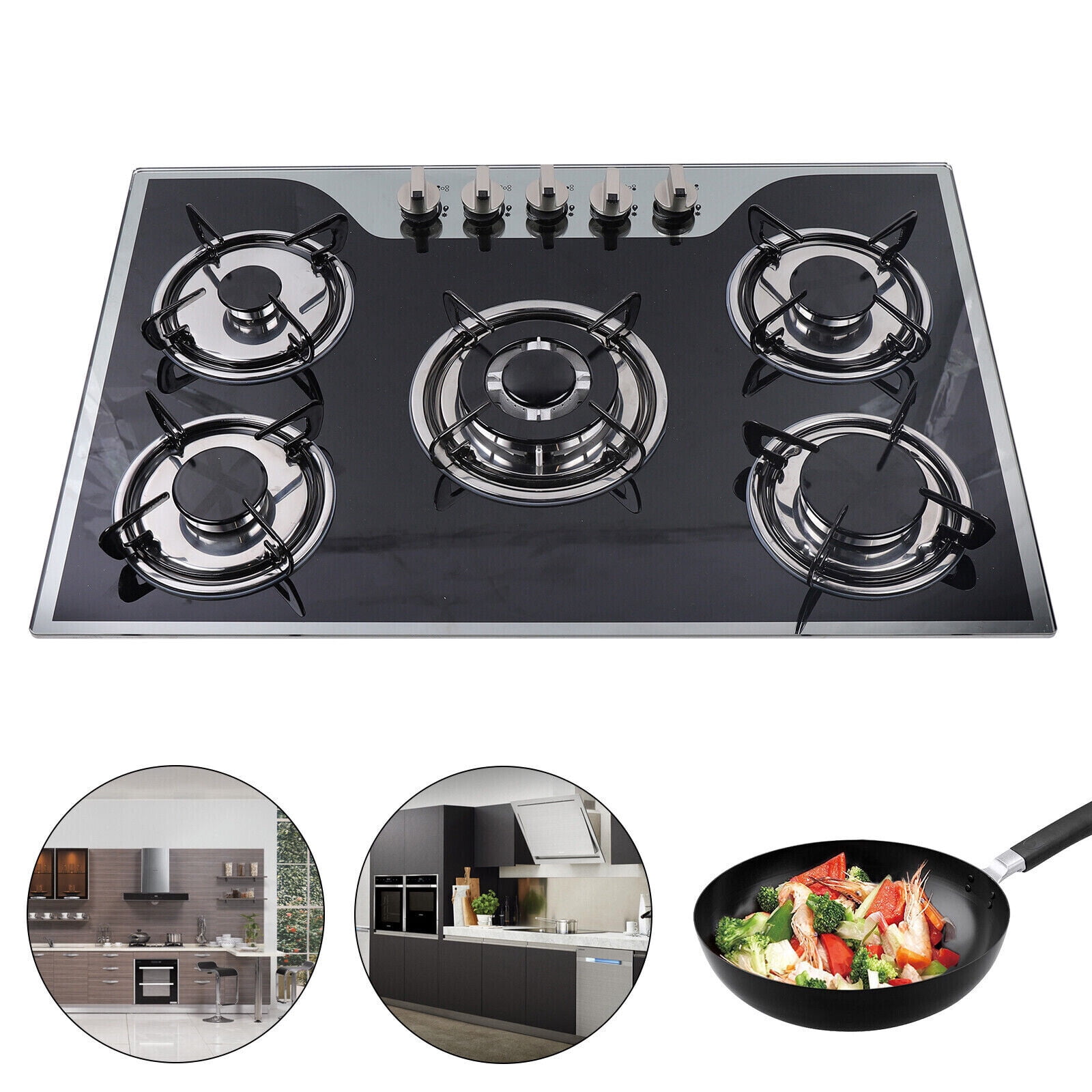 5-Burner Gas Cooktop with Automatic Pulse Ignition - Tempered Glass, LPG/NG Convertible, Easy to Clean