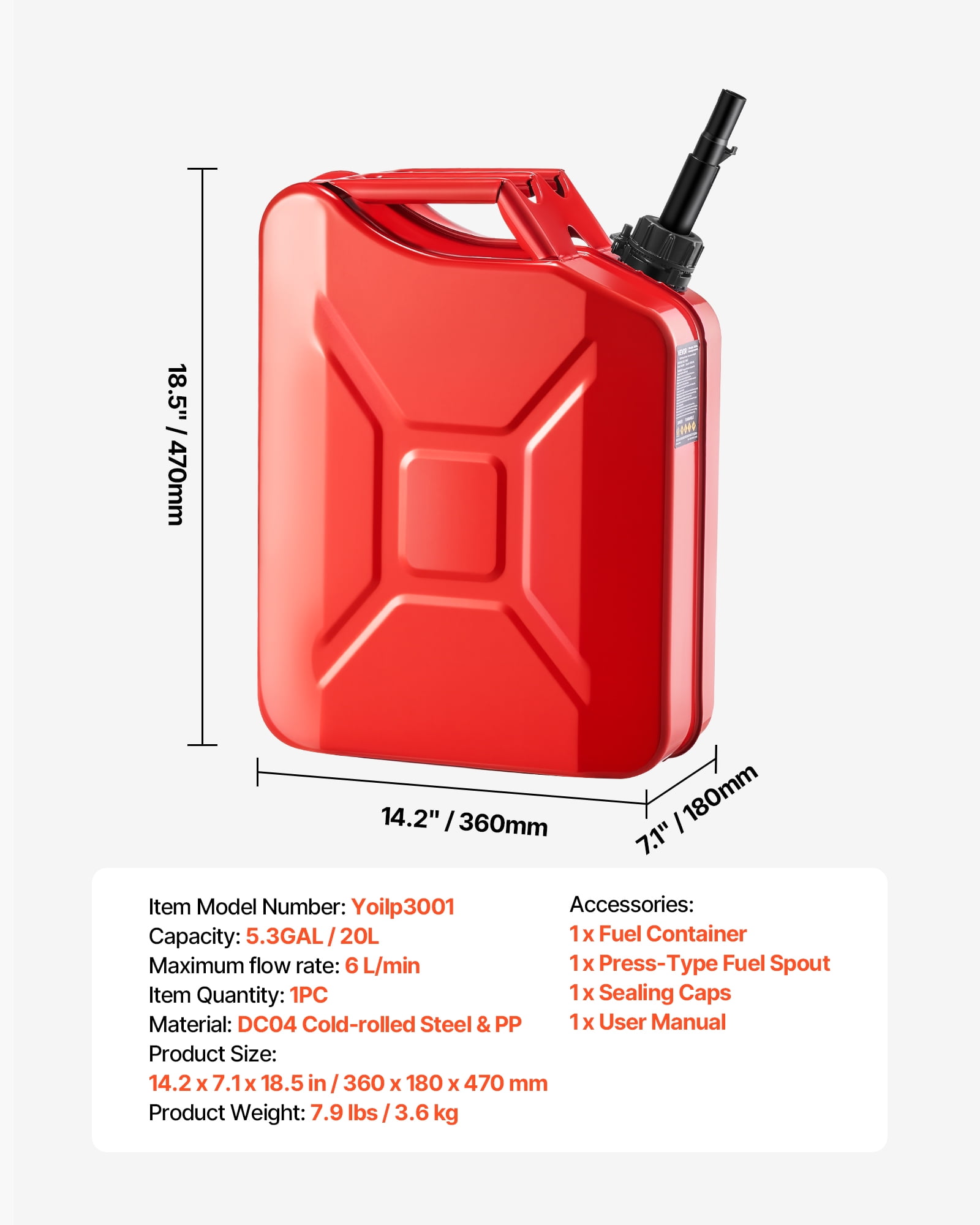VEVOR Metal Fuel Container, 5.3 Gallon, Fuel Jerry Can with Spout and Comfort Handle, 6 L/min Max Flow Rate, Leakproof & Corrosion-resistant Metal Gas Tank Most Cars Motorcycle ATV UTV, Red