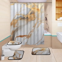 4 Pcs White and Gold Marble Bathroom Shower Curtain Set with 12 Hooks Bath Mat Toilet Lid Cover