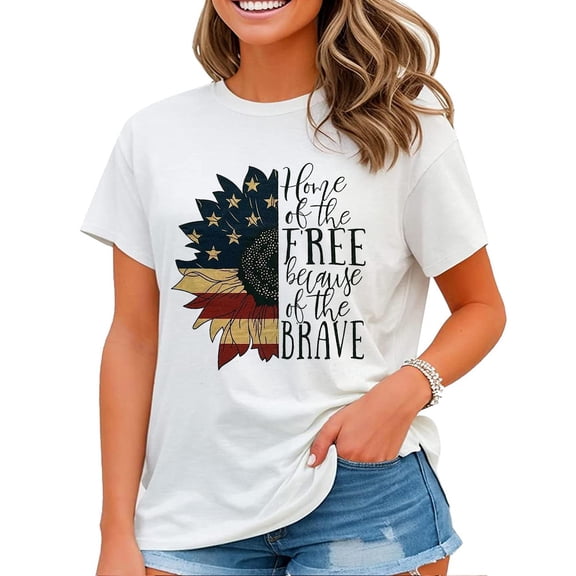 Sunflower American Flag Home of The Free Because of The Brave Top Shirt Women 4th of July USA Patriotic T-Shirt White 4X-Large