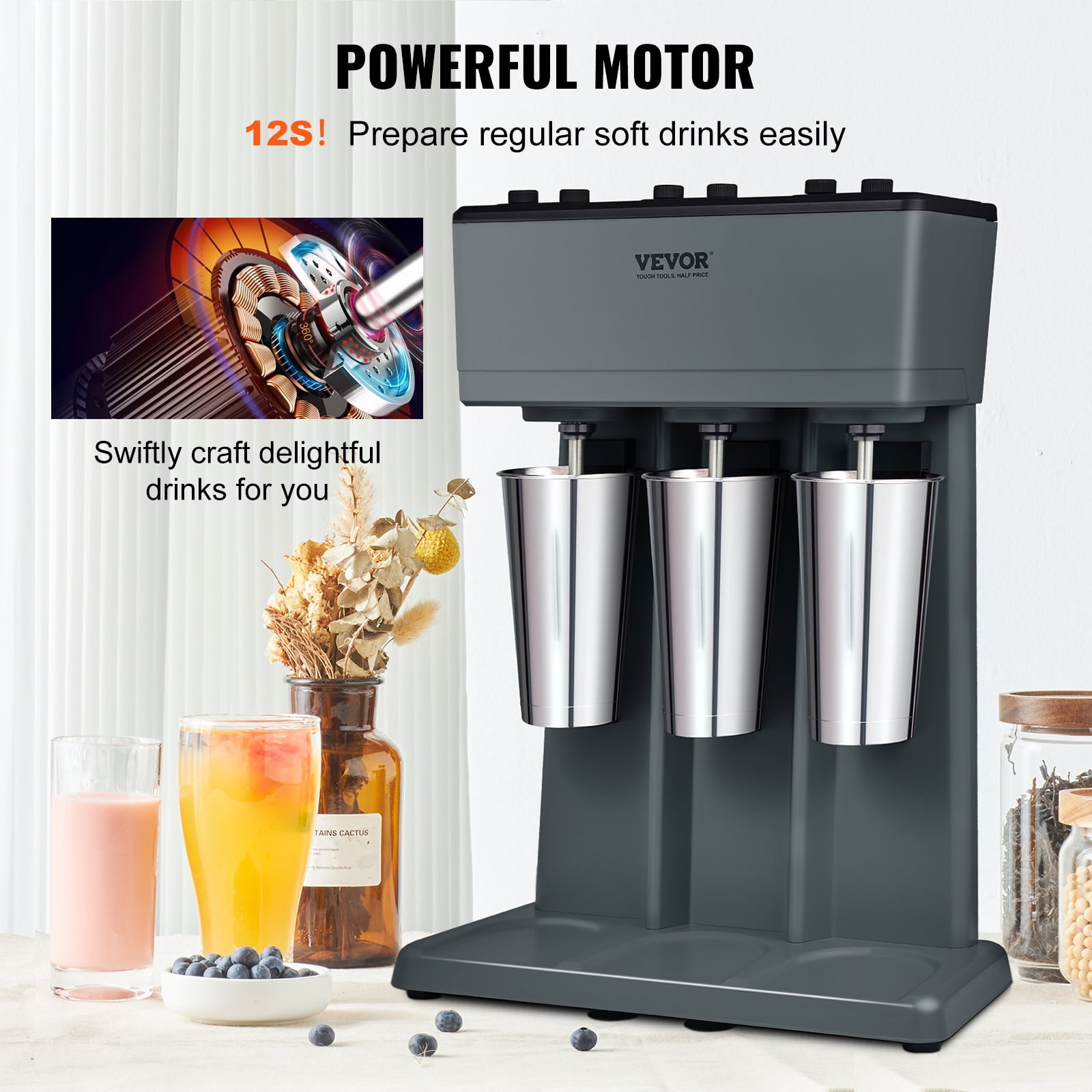 VEVOR Milkshake Machine, 375W x 3 Milkshake Maker Mixer, Triple Head Drink Mixer Blender Machine, 3-Speed Milkshake Blender with 3 x 820ml Stainless Steel Cup for Commercial