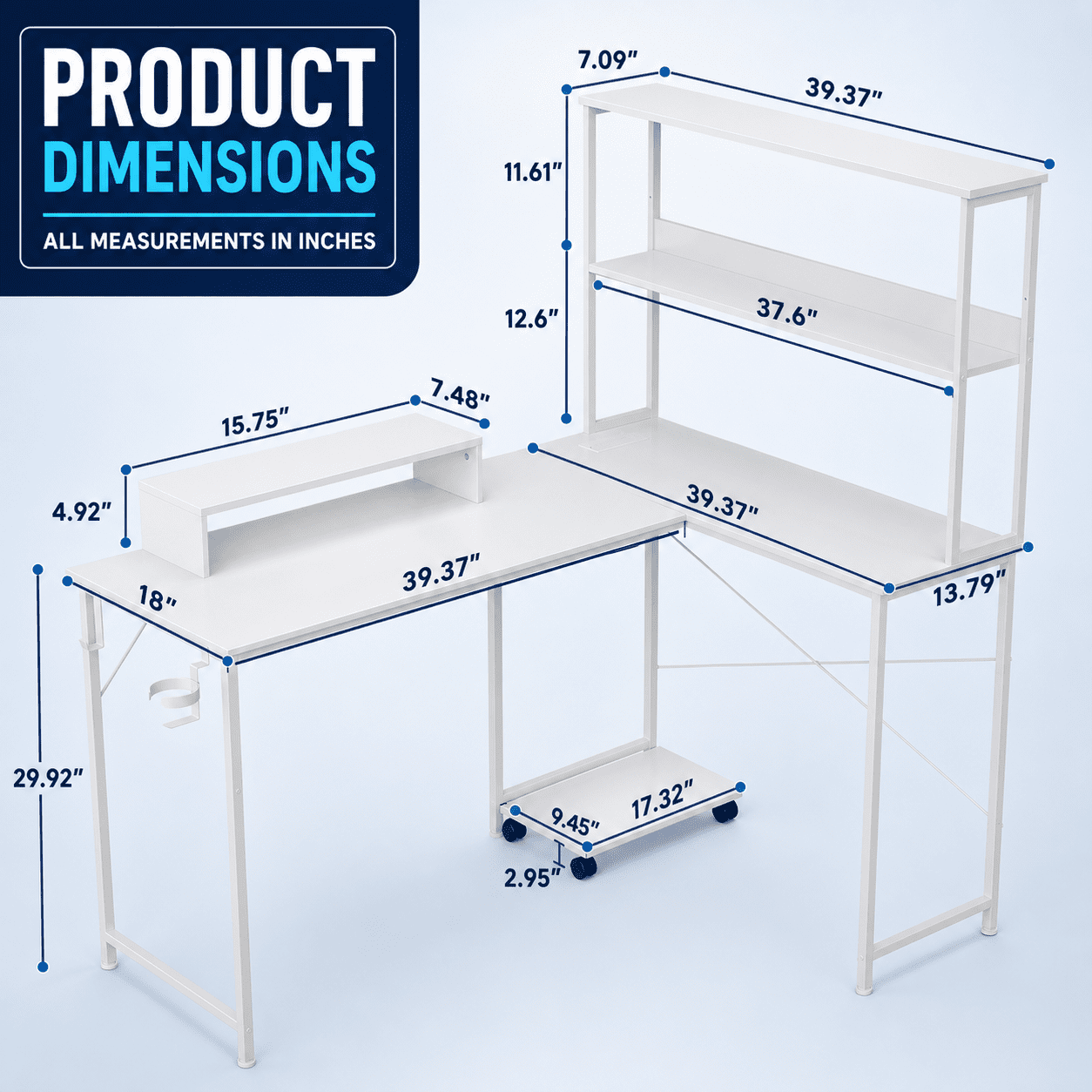CLOUDREST PTO 53" L-Shaped Office Desk with Hutch & Power Outlets, White