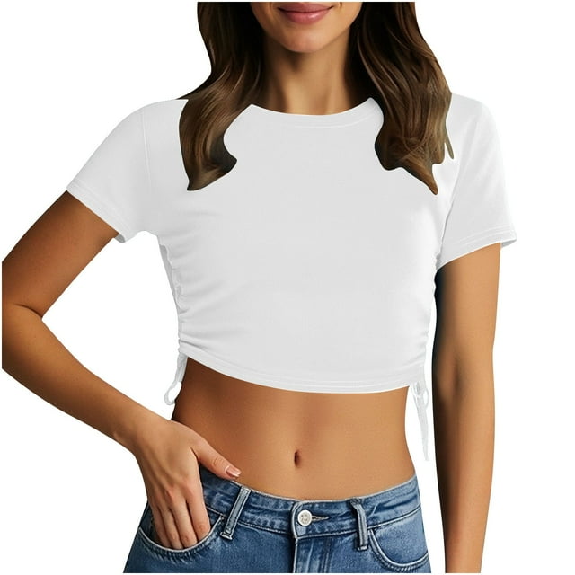 fheaev Summer Crop Tops for Women Tshirts Drawstring Solid Color Going Out Workout Y2K Clothes Beach Fashion Vacation Clothes Outfits