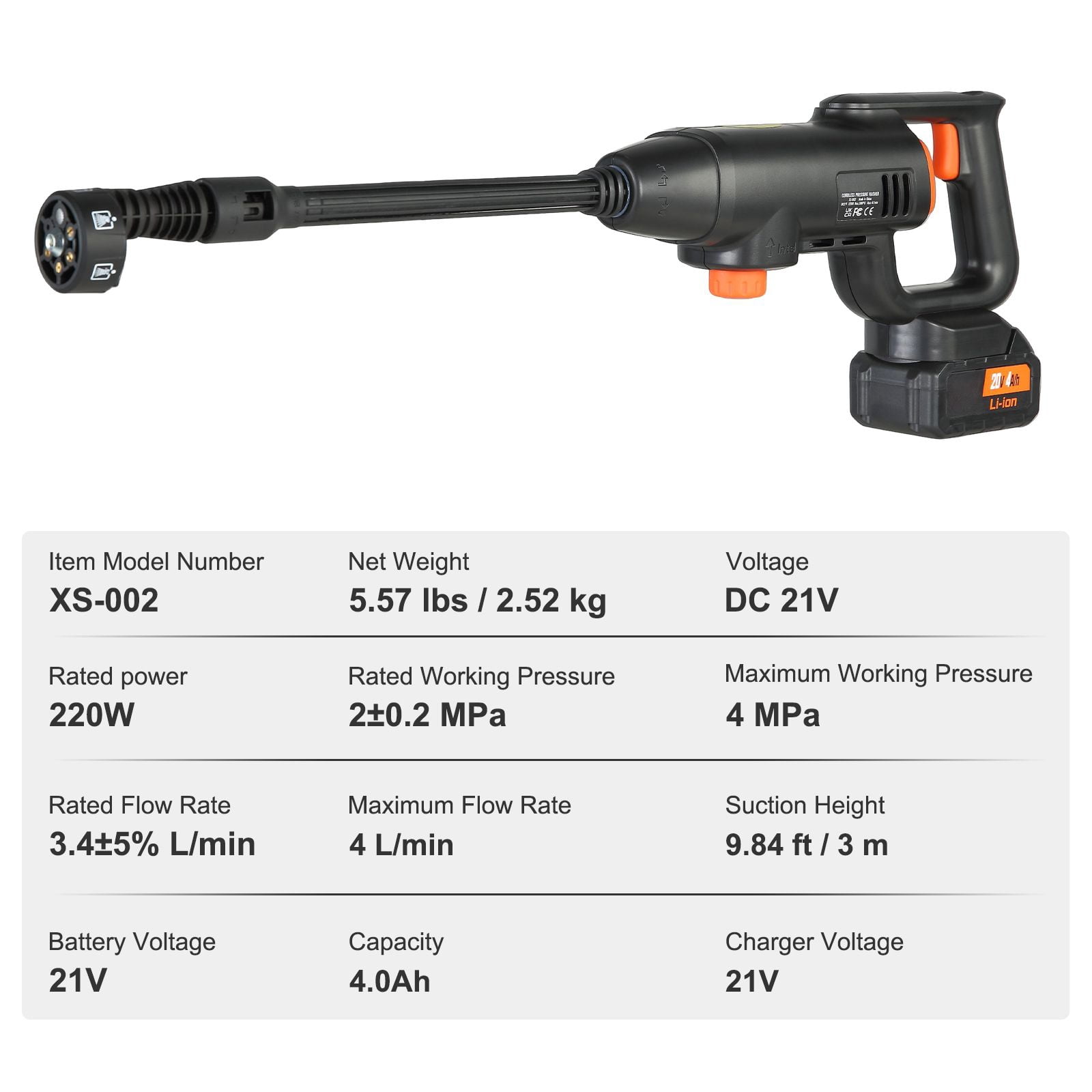 Cordless Pressure Washer with 580 PSI, 4.0Ah Battery, 5 Nozzle Options, 4.2 lbs Lightweight, for Car Patio Fence Cleaning