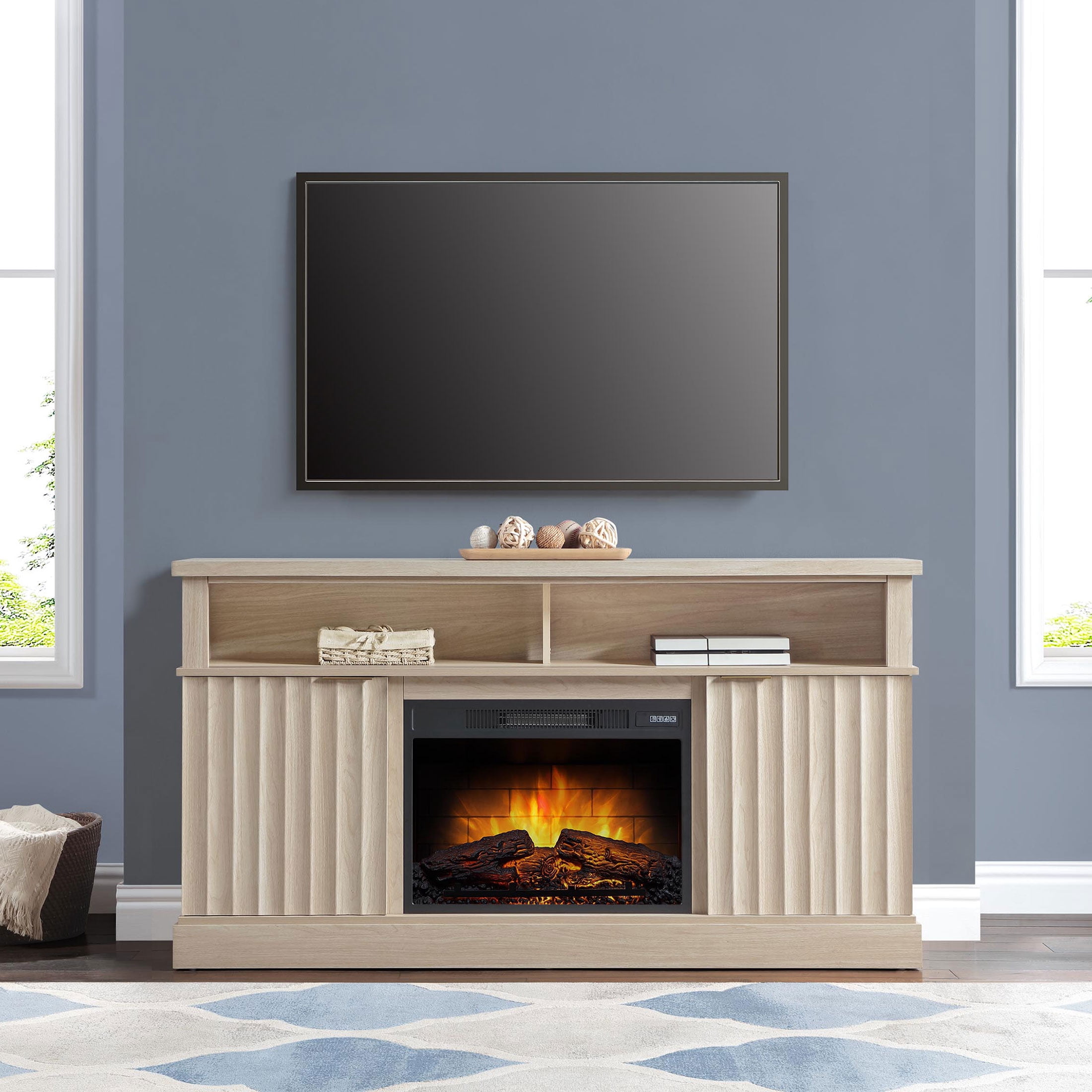 Whalen Furniture Harris Fluted Media Fireplace Console for TVs up to 70”, Pine Finish