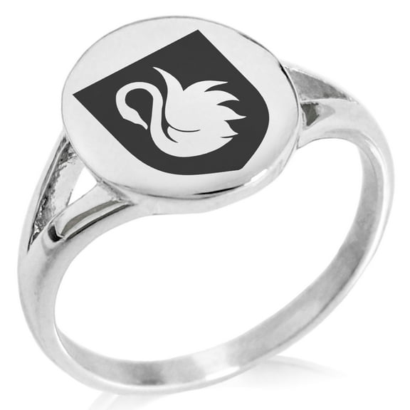 Stainless Steel Swan Harmony Coat of Arms Shield Minimalist Oval Top Polished Statement Signet Ring