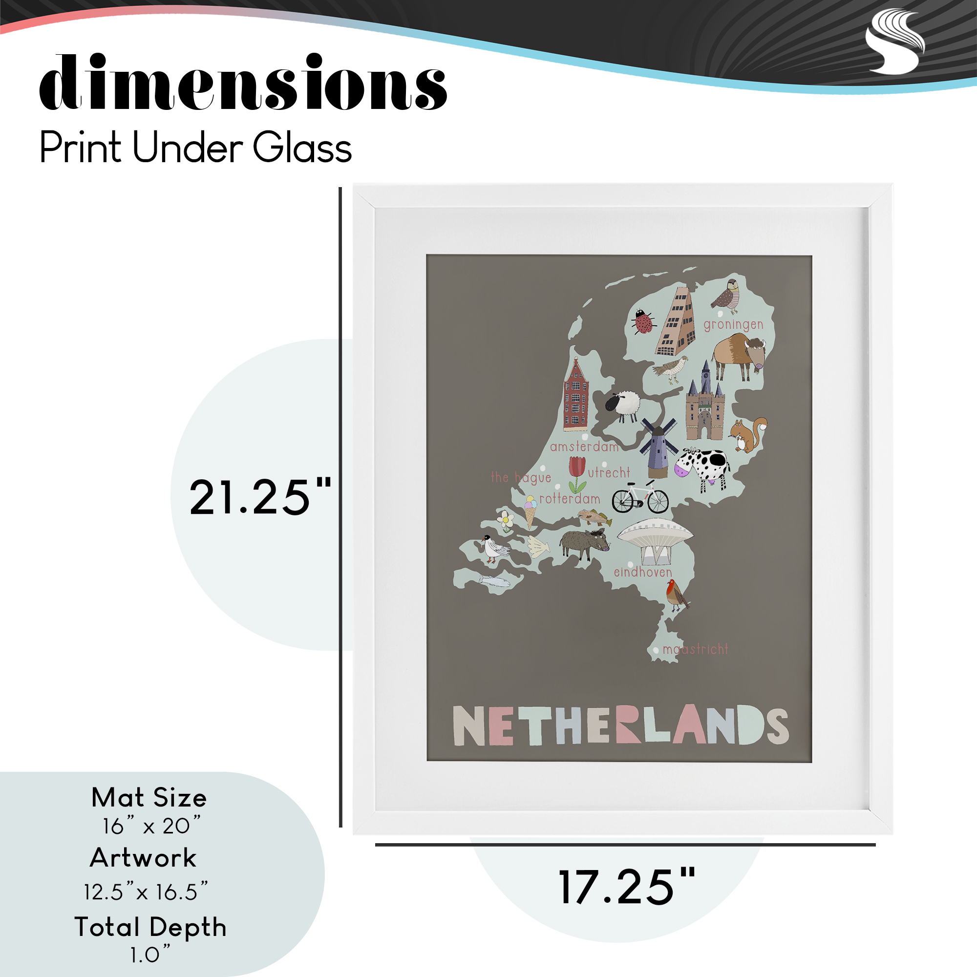Kid's Map of Netherlands White Framed Print Under Glass, design by Carla Daly