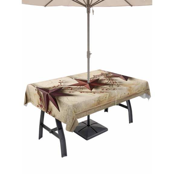 Outdoor Tablecloth with Umbrella Hole for Patio/Picnic/Party/Camping, Western Star Brown Waterproof Table Cloth Rectangle Table Cover Washable, Farmhouse Berry Botanical Vintage (54"x 80")