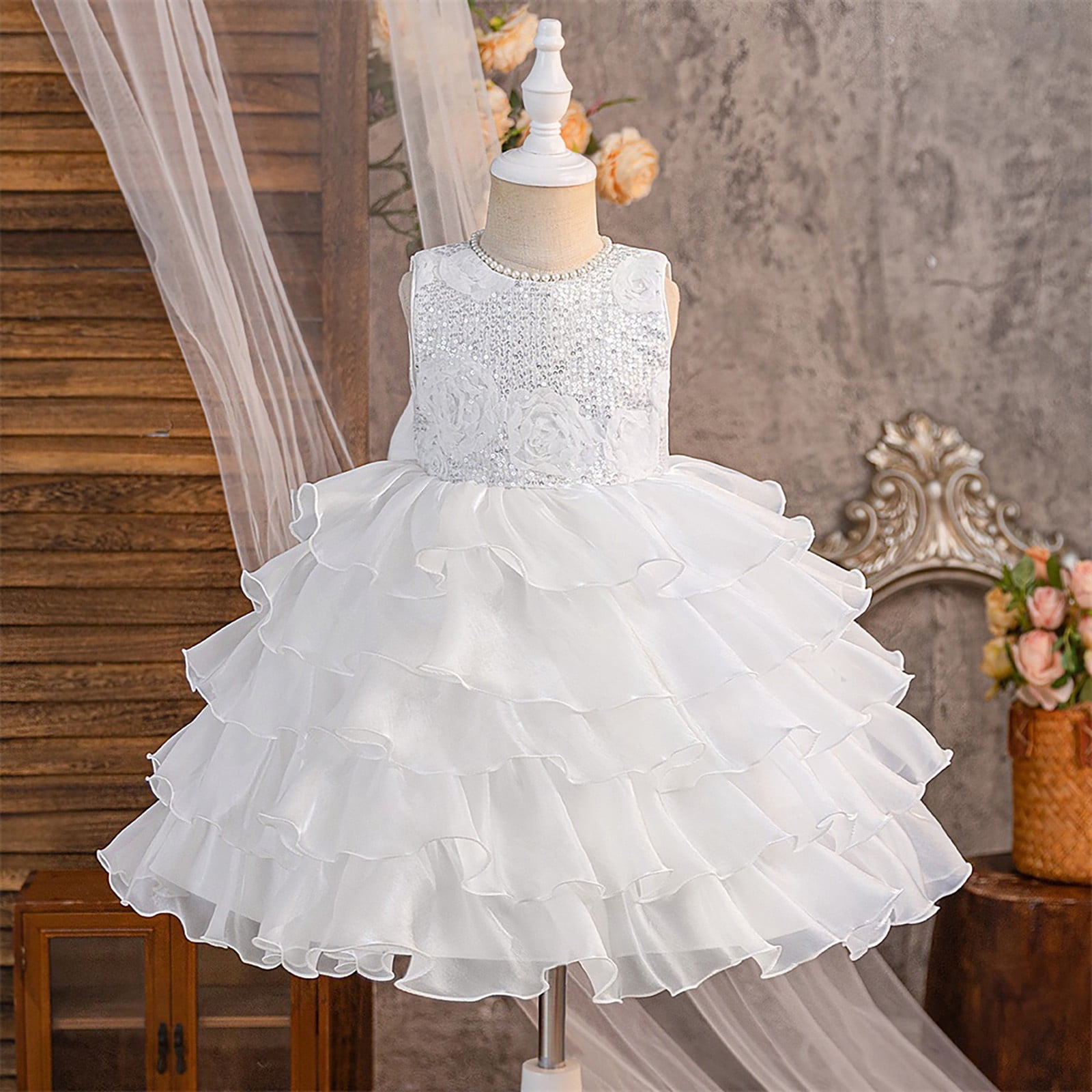 Wdgfv Girls Bow Layered Lace Dress Toddler Flower Girl Wedding Bridesmaid Prom Gowns Pageant Party Formal Gown White 4-5 Years