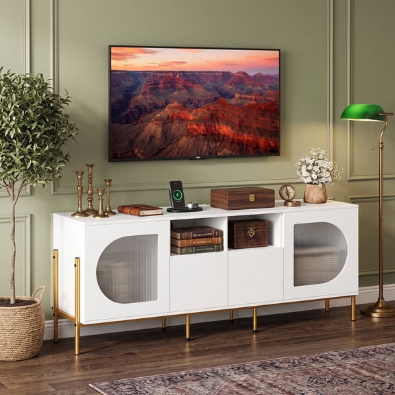 Modern TV Stand for 70 Inch with Power Outlets & Drawers, Entertainment Center with 2 Doors & Open Shelves, White