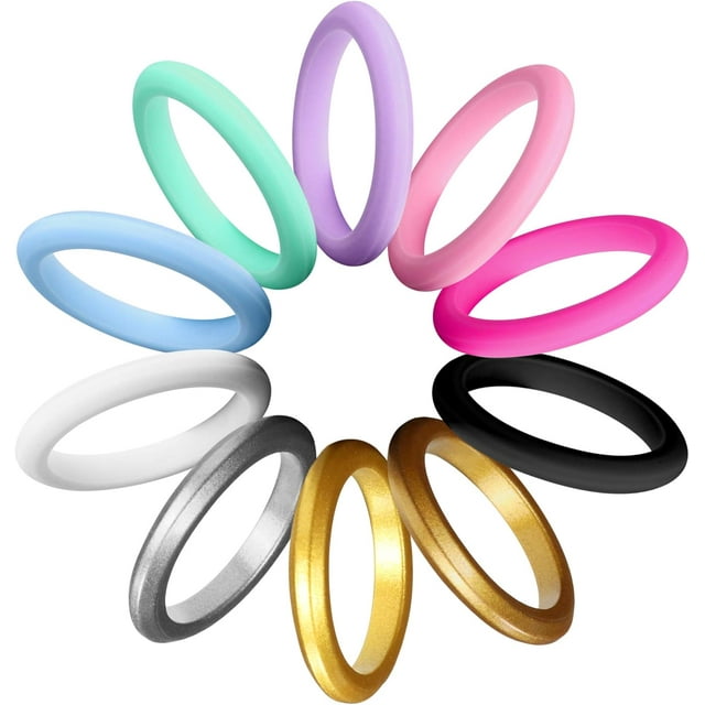 ATJIA 10 Rings Pack Silicone Wedding Ring for Women Men Thin and Stackable Silicone Rubber Glitters Rings for Love Couple