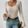 thumbnail image 5 of Trendy Ribbed Knit Tops for Women Teens Slim Fit Y2k Style Square Neck Long Bell Sleeve Tees Crop Sweaters (X-Large, Khaki), 5 of 7