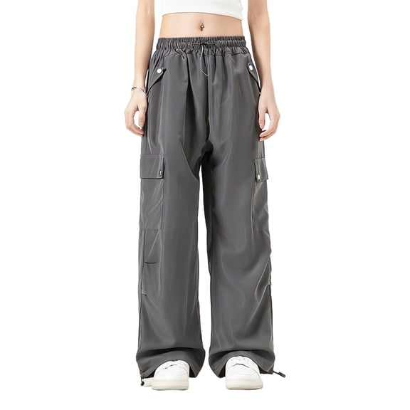 QQAMB Pants for Women Plus Size Parachute Cargo Jogger Pants with Elastic Waist and Pockets Cargo Trousers Dark Gray L