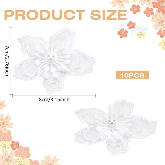 10Pcs 3D White Flower Organza Embroidered Applique with Pearl Lace Flowers Sew On Decorative Patches for Wedding Bridal Dress Sewing DIY Craft Clothes Hat Curtain Ornaments