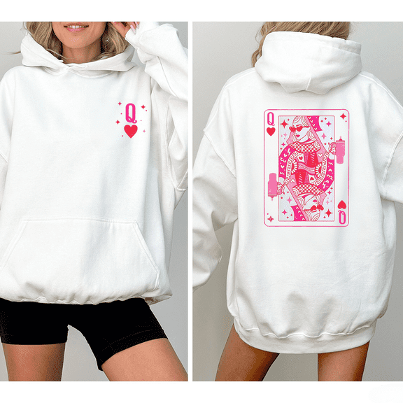 Pink Queen Of Hearts Print Tops for Women Playing Cards Design Sweatshirts Coffee Lover & Cards Hoodie Trendy Long Sleeve Pullover for Holiday Outfits White,S