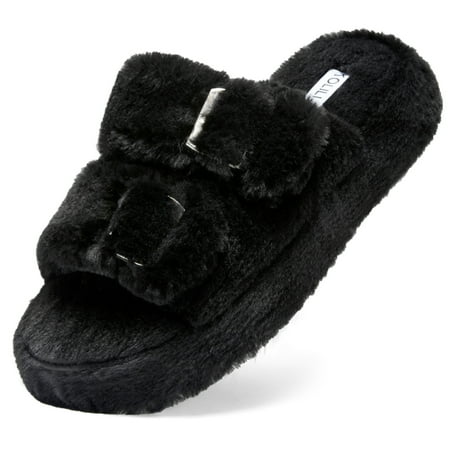 

Ladies Open Toe Indoor Fluffy Slippers Buckle Decor Slides Comfortable Anti-slip Home Shoes