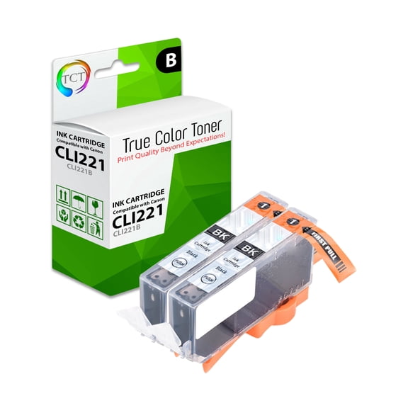 TCT CLI221 Black Ink Cartridge 2 Pack - Compatible With Canon CLI-221 Black