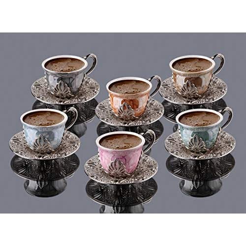 LaModaHome Espresso Coffee Cups with Saucers Set of 6, Porcelain Turkish Arabic Greek Coffee Cup and Saucer, Coffee Cup for Women, Men, Adults, New Home Wedding Gifts - Silver/Mixed Color