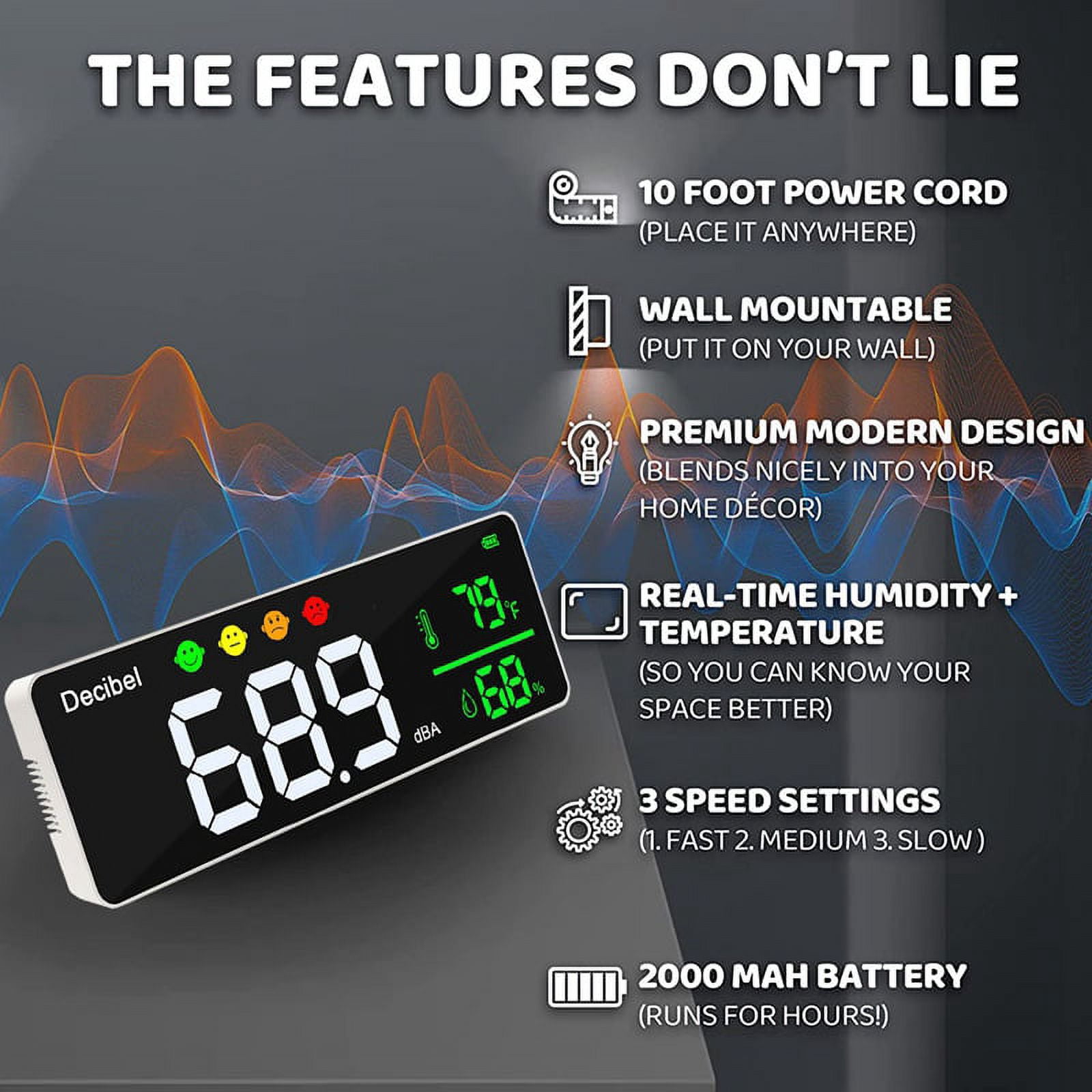 3-In-1 Decibel Meter Sound Level Reader+Humidity & Temperature, Classroom Noise Meter,Decibel Reader Noise Decibel Meter