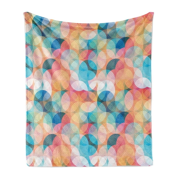 Geometric Soft Flannel Fleece Throw Blanket, Soft Toned Hazy Overlap Circles Mosaic Birthday Party Pastel Design, Cozy Plush for Indoor and Outdoor Use, 50" x 60", Peach Coral Blue, by Ambesonne